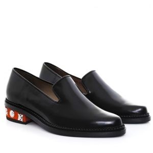 TOGA Pulla Black Leather Slip-On Loafers with Decorative Heel
